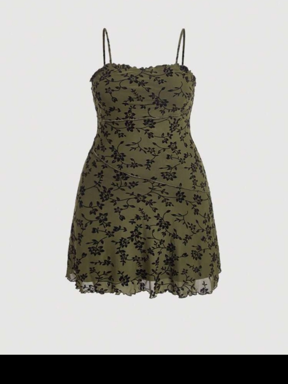 Olive Green Floral Slip Dress with Black Velvet Burnout